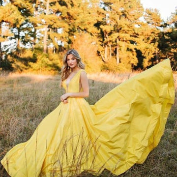 Yellow A-line Satin Long Formal Dress prom dresses HZ1023